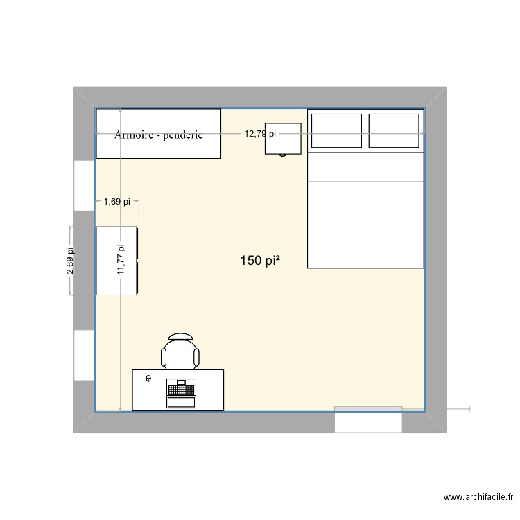 Chambre. Plan de 1 pièce et 14 m2