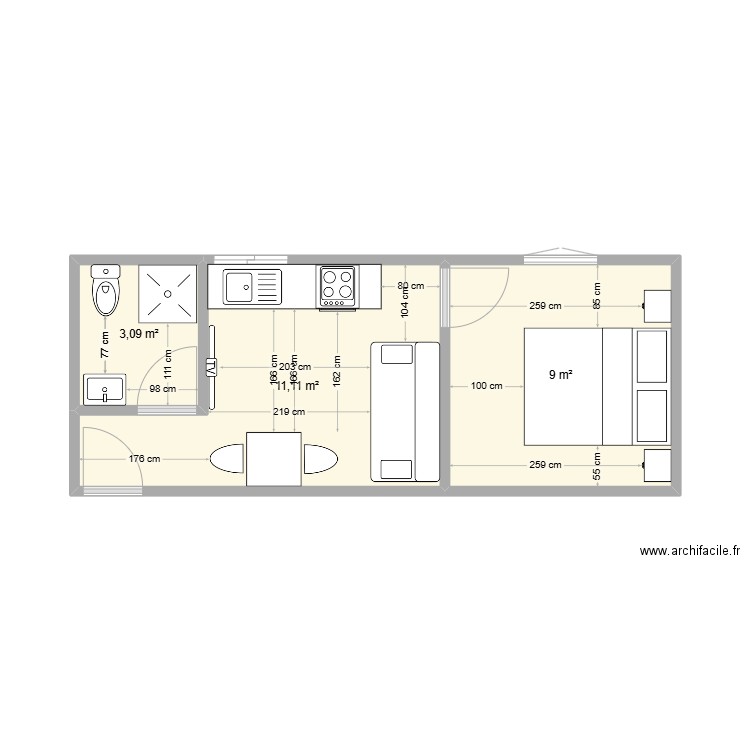 studio azzefoune 1. Plan de 3 pièces et 23 m2