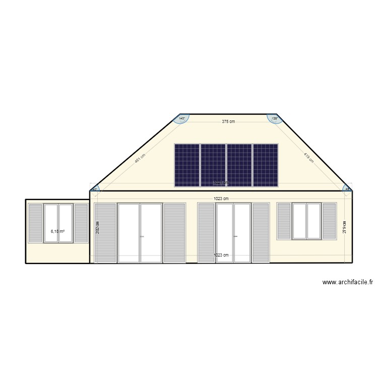 avec panneau solaire. Plan de 3 pièces et 56 m2