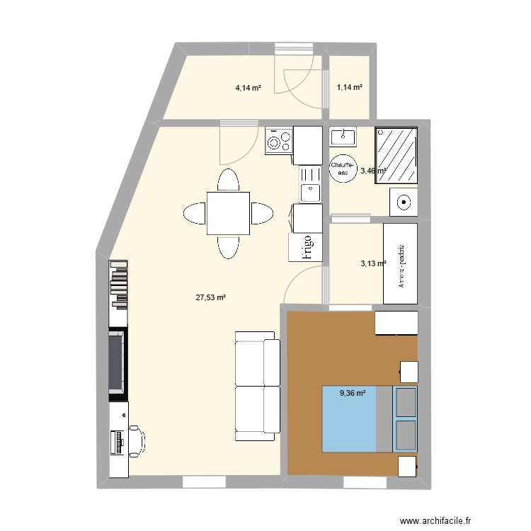 Baraban sans cheminée. Plan de 6 pièces et 49 m2