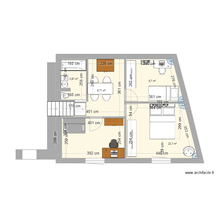 Base Extension avec modif porte. Plan de 4 pièces et 46 m2