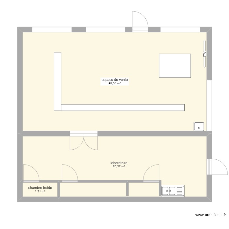 boucherie. Plan de 3 pièces et 74 m2