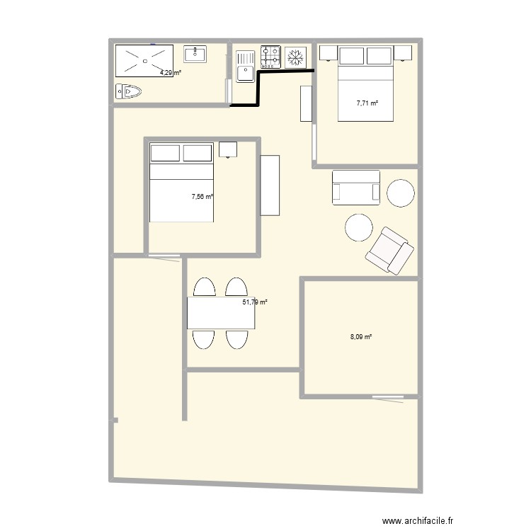 KODOK. Plan de 5 pièces et 79 m2