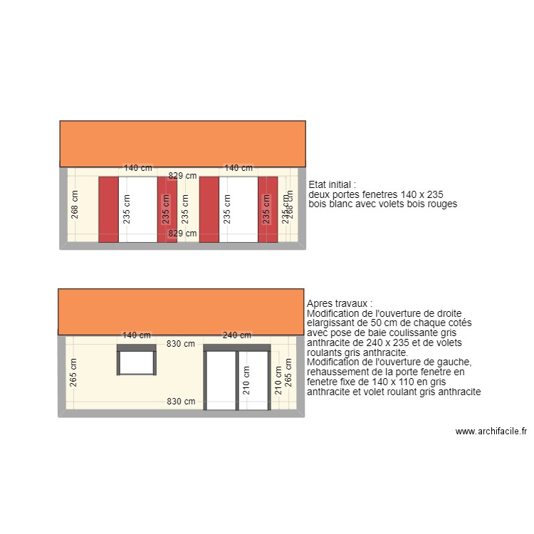 Plan façade coté ouest sud. Plan de 2 pièces et 44 m2