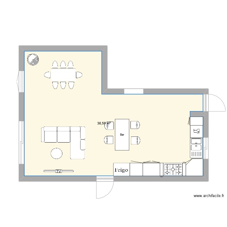 salon cuisine . Plan de 1 pièce et 39 m2