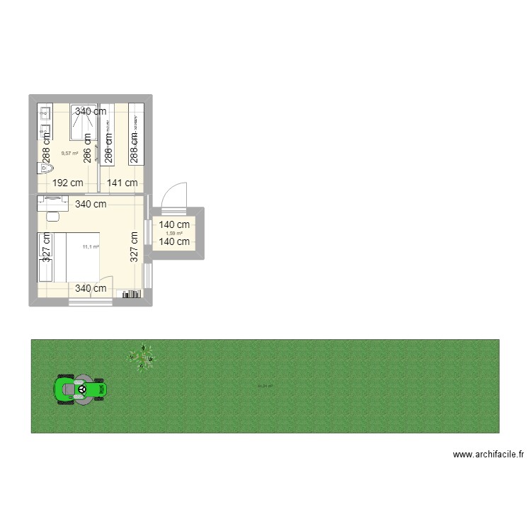 Extenfion. Plan de 3 pièces et 22 m2