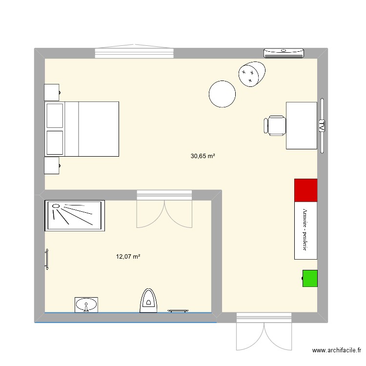 Ilil. Plan de 2 pièces et 43 m2