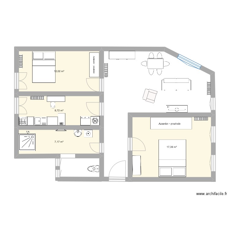 Sotteville. Plan de 4 pièces et 45 m2