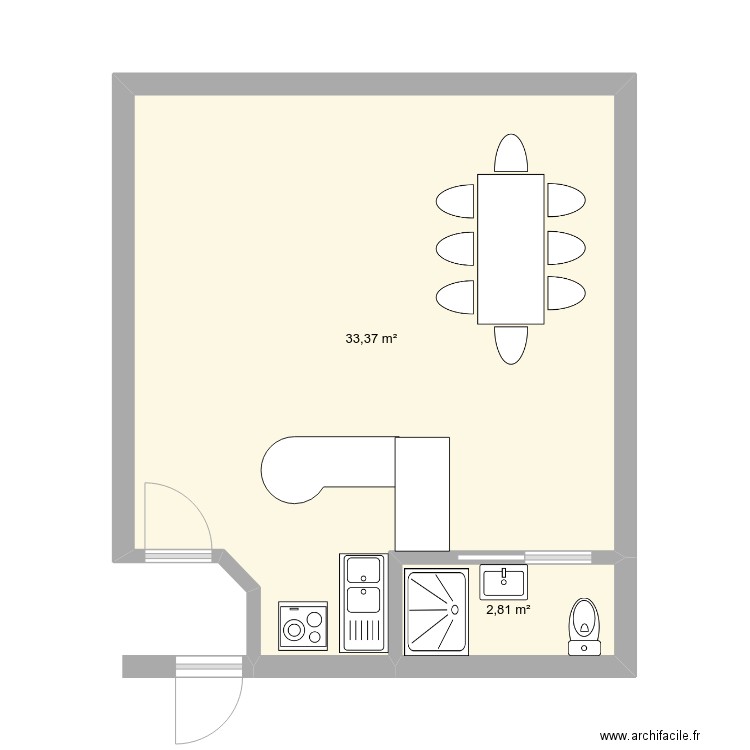 piece commune. Plan de 2 pièces et 36 m2