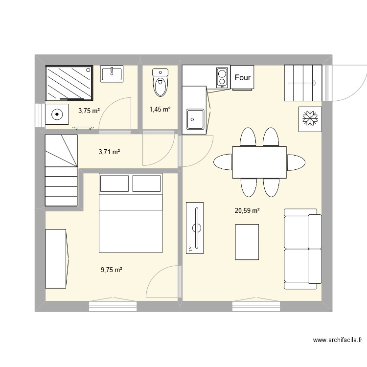 Gite 2 - Atelier R1a T2. Plan de 5 pièces et 39 m2