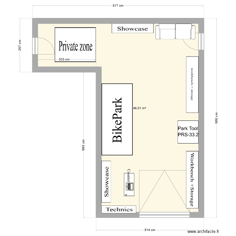 Atelier. Plan de 1 pièce et 48 m2