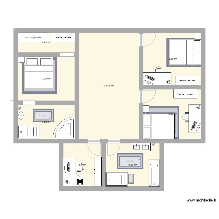 1er étage. Plan de 8 pièces et 89 m2