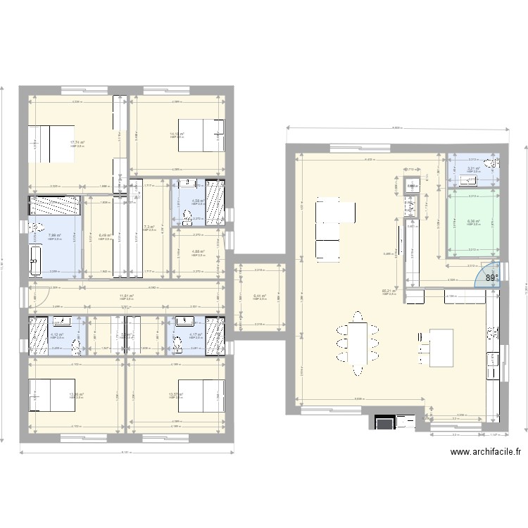 Orelhudo novo. Plan de 17 pièces et 217 m2