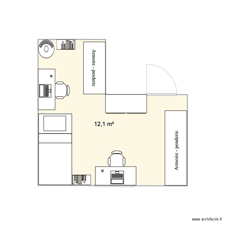 Chambre. Plan de 1 pièce et 12 m2