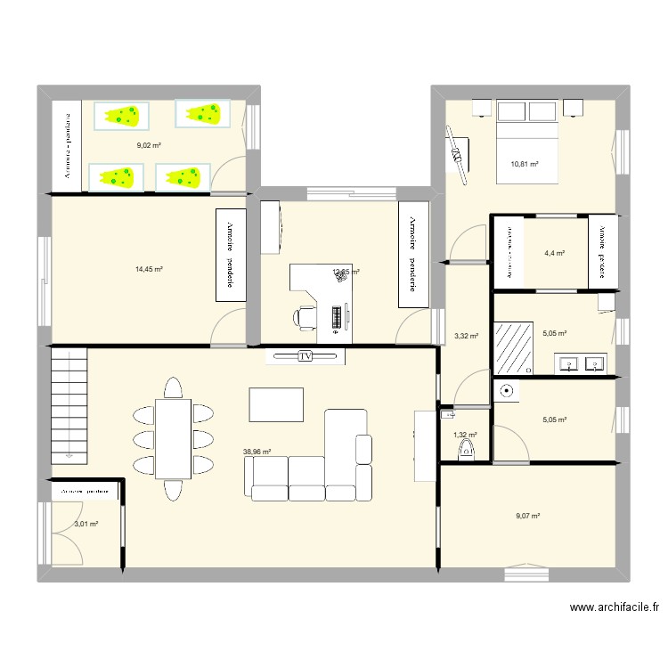 idée L. Plan de 12 pièces et 117 m2