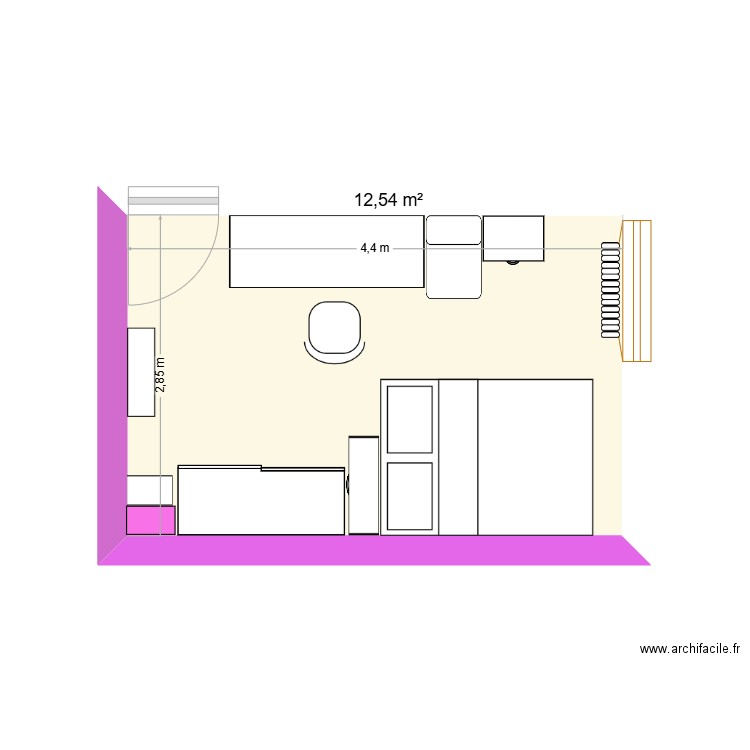 Chambre Olivia aménagée. Plan de 1 pièce et 13 m2