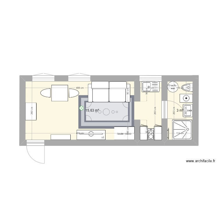 Studio 19m2 - Home Stagging. Plan de 2 pièces et 19 m2