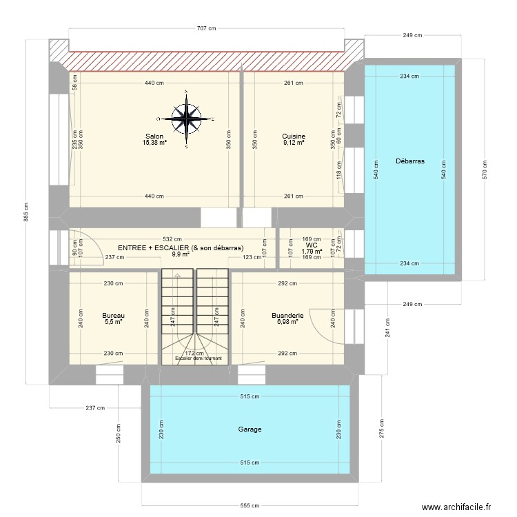 RAID RDC. Plan de 8 pièces et 73 m2