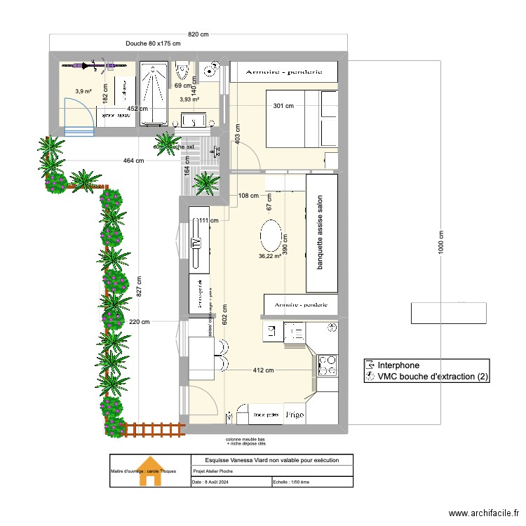 T2 Pioche / cuisine version 3. Plan de 3 pièces et 44 m2