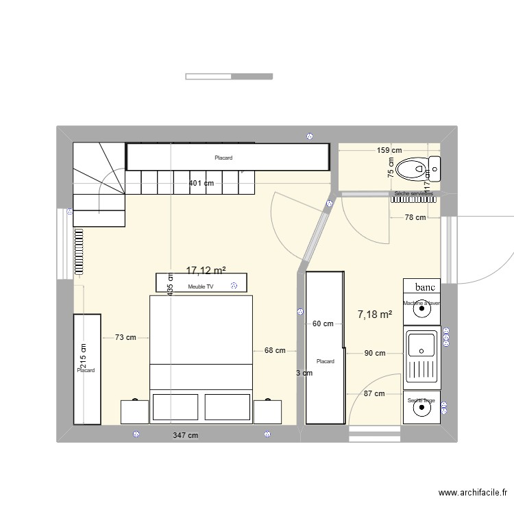 RDC chambre 1. Plan de 2 pièces et 24 m2