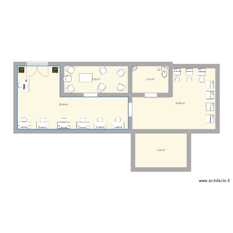 salon de coiffure . Plan de 5 pièces et 56 m2