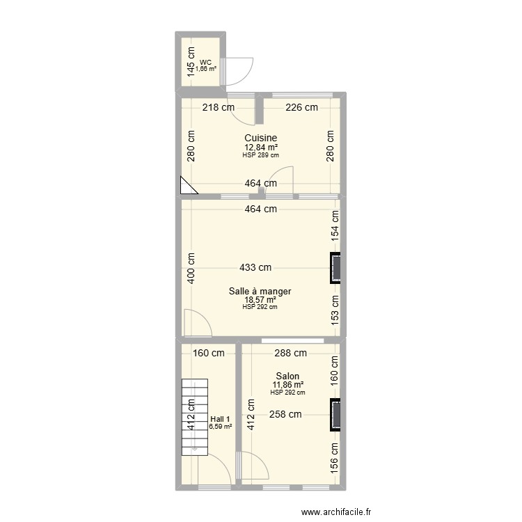 RDC Maison yfr. Plan de 5 pièces et 52 m2