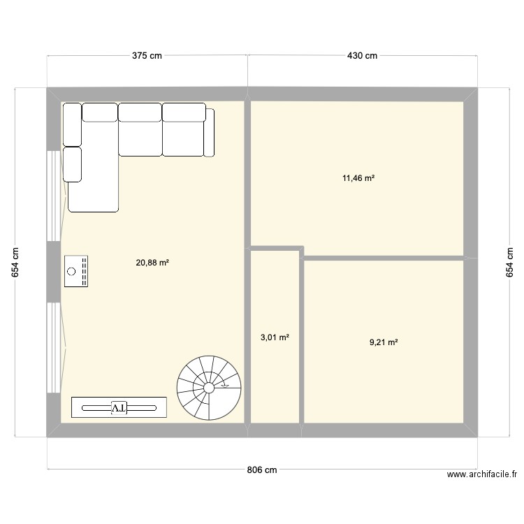 st Remy mezzanine. Plan de 4 pièces et 45 m2