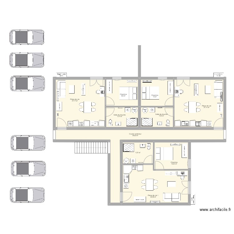 Immeuble 6 T1 plain pied revu. Plan de 24 pièces et 355 m2