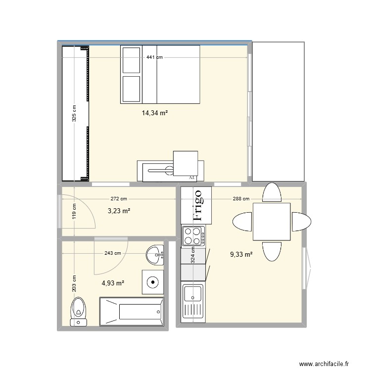 T1 Bis. Plan de 4 pièces et 32 m2