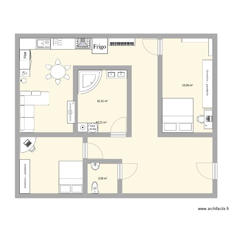 1er plan. Plan de 4 pièces et 93 m2