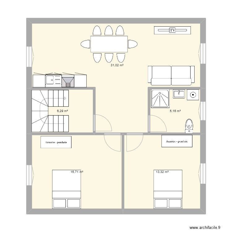 ETAGE 1. Plan de 5 pièces et 72 m2