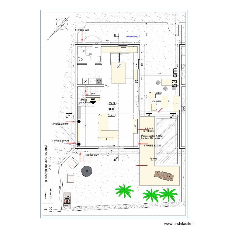 prises RDC. Plan de 1 pièce et 15 m2