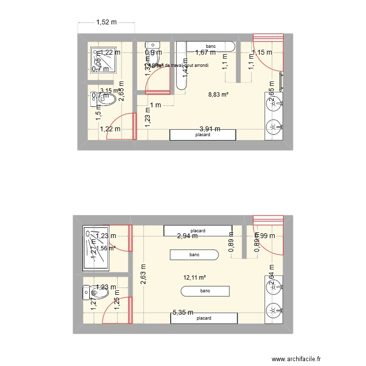 Amenagement locaux sanitaire batiment technique. Plan de 5 pièces et 27 m2