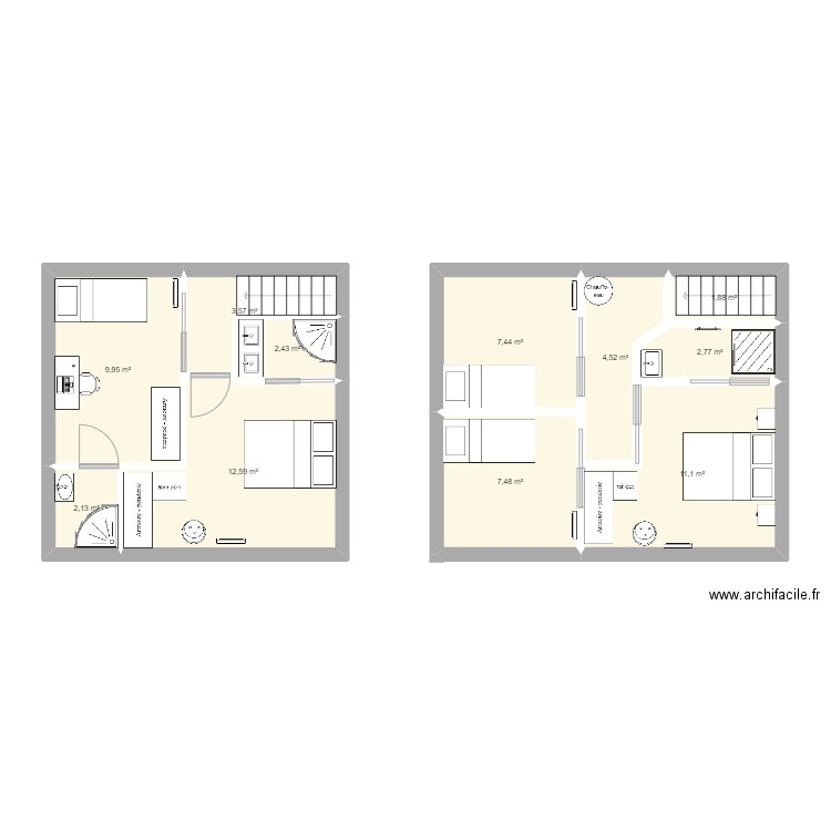 combles. Plan de 11 pièces et 66 m2