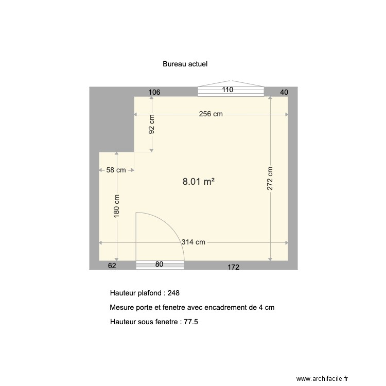 Plan bureau et placards chambres. Plan de 1 pièce et 8 m2