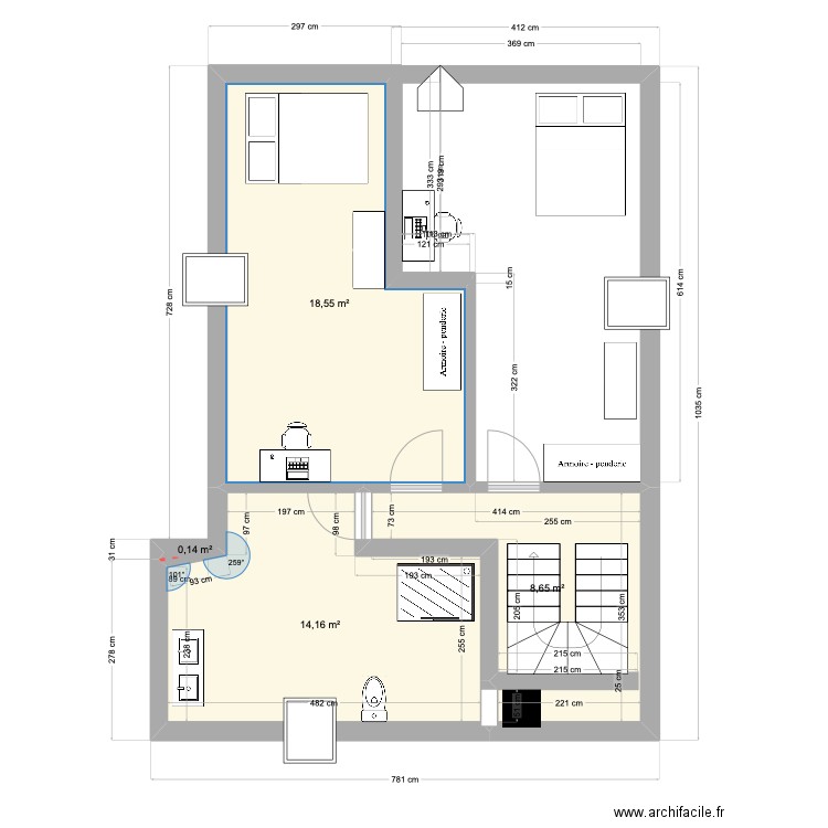 Combles Essai de chambre. Plan de 4 pièces et 42 m2