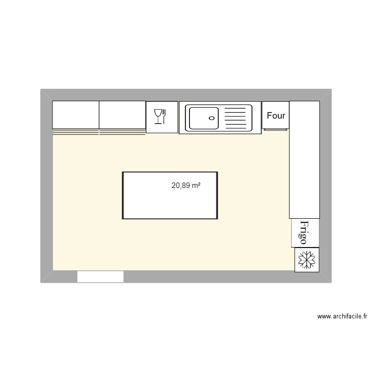 Cuisine pour une personne agée handicapé. Plan de 1 pièce et 21 m2