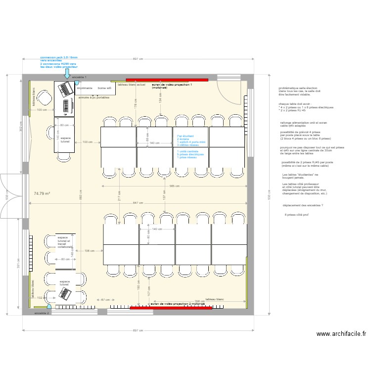 salle H007 ilots et tables en 140x80 ecran côtés final. Plan de 1 pièce et 75 m2