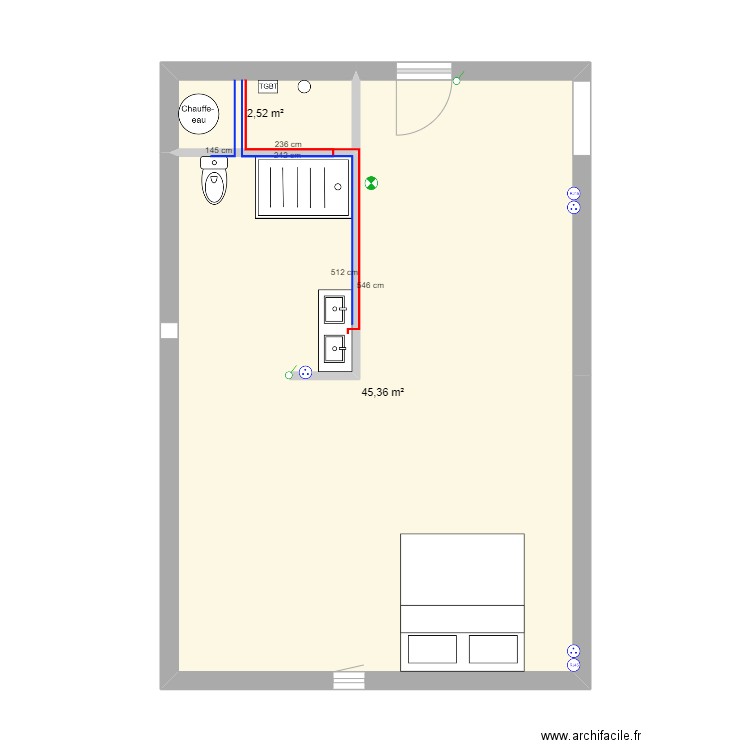 Etage. Plan de 2 pièces et 48 m2