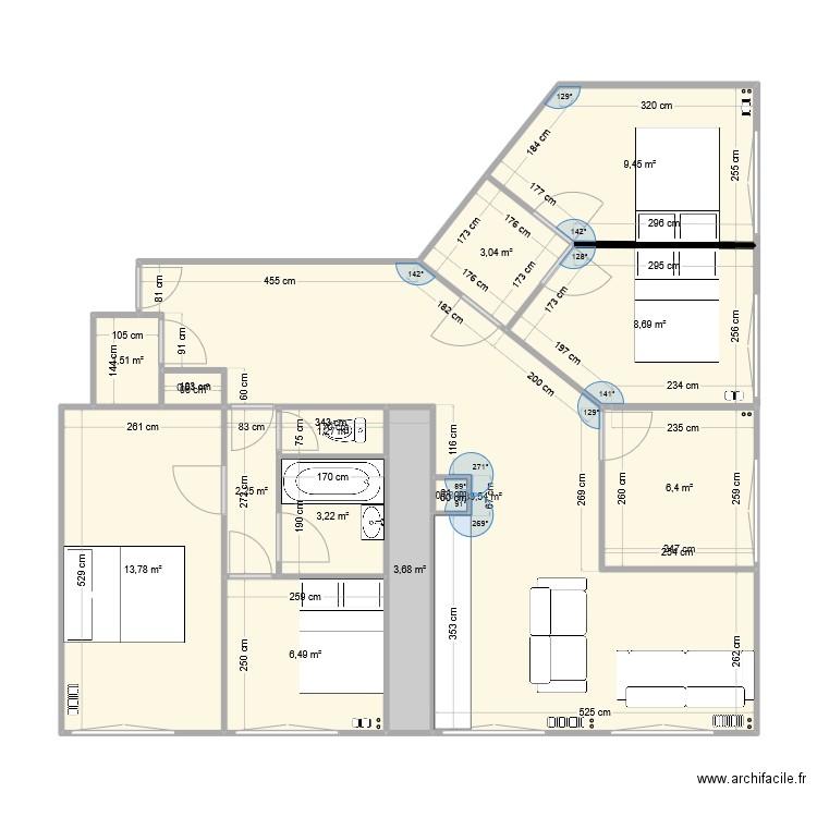 levallois4. Plan de 14 pièces et 94 m2