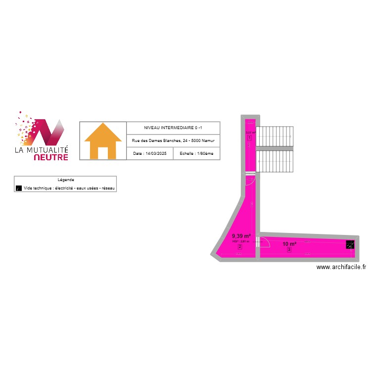 Palier intermédiaire NIVEAU 0 - NIVEAU. Plan de 3 pièces et 22 m2