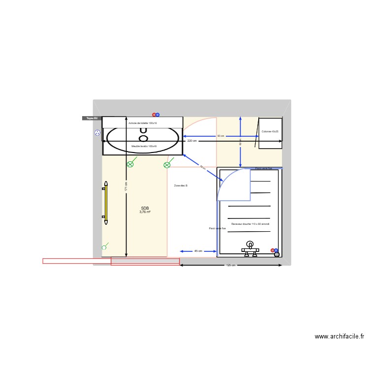 SDB Rossan_V110x80 à droite arrondi. Plan de 1 pièce et 4 m2