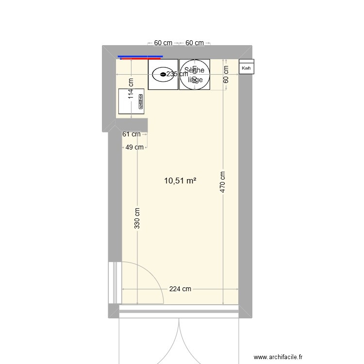 buanderie. Plan de 1 pièce et 11 m2