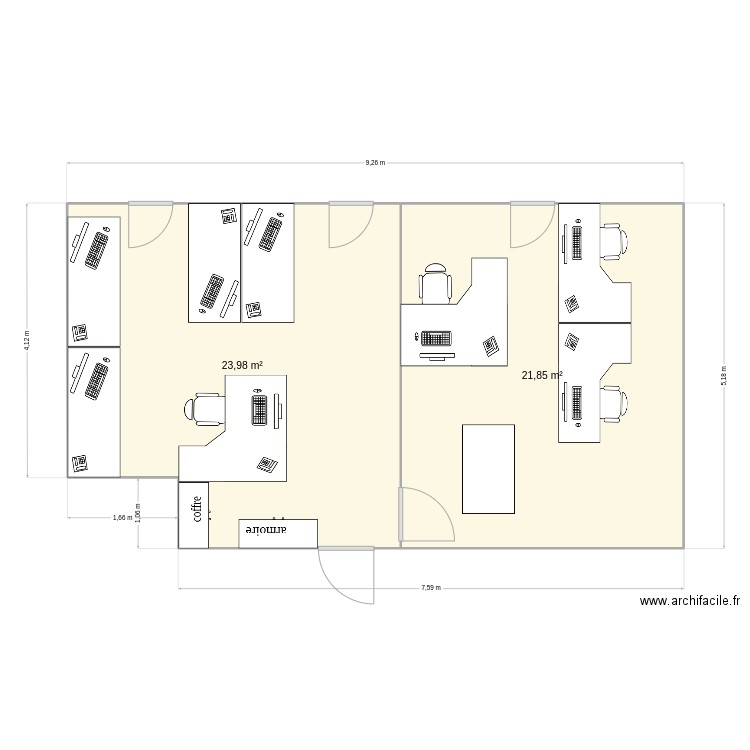 bureau. Plan de 2 pièces et 46 m2