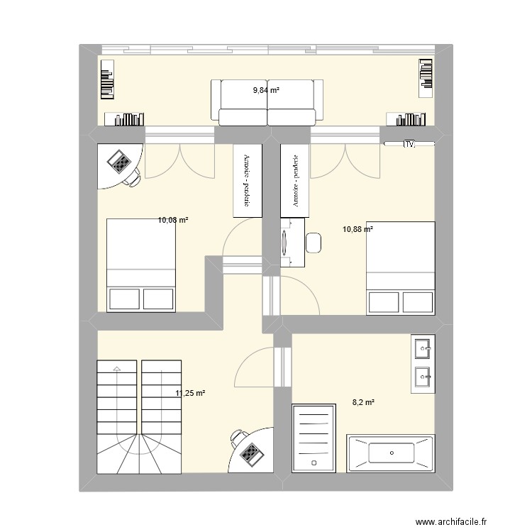 r+1. Plan de 5 pièces et 50 m2