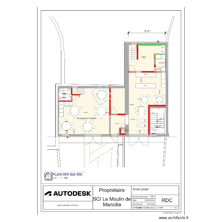 Projet restaurant seminaire COCKTAIL apres travaux 30 P . Plan de 9 pièces et 125 m2