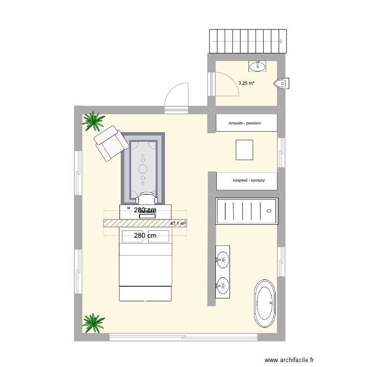 etage . Plan de 2 pièces et 50 m2