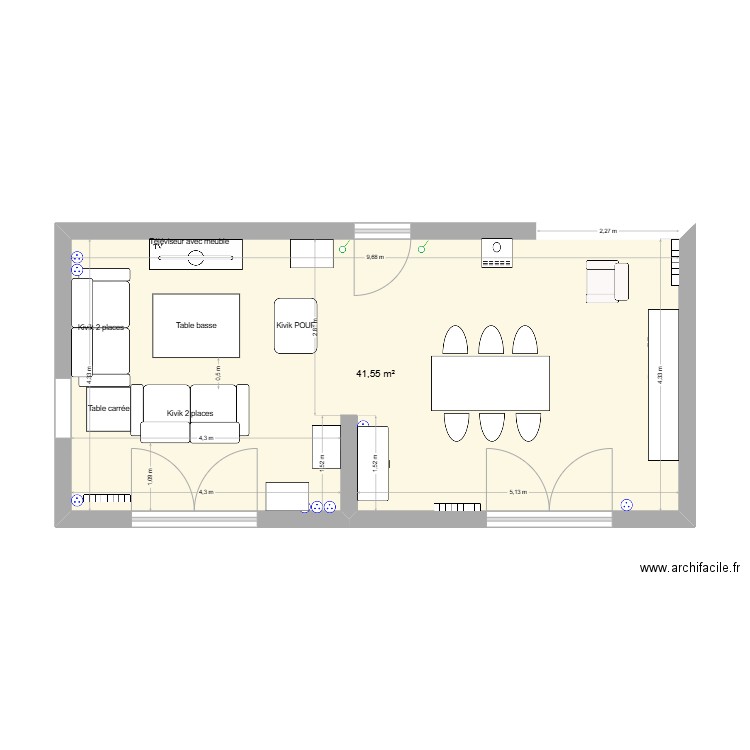 Salon. Plan de 1 pièce et 42 m2