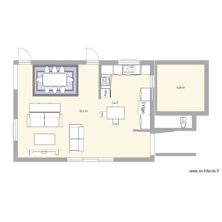 medis. Plan de 2 pièces et 60 m2