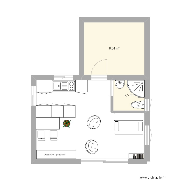 plaine 2. Plan de 2 pièces et 11 m2